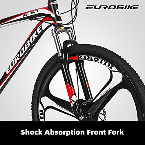 Eurobike Mountain Bike 21 Speed 27.5 Inch Wheels Shock Absorption Front Fork Dual Disc Brakes for Mens Bicycle (3-Spoke Black-RED)