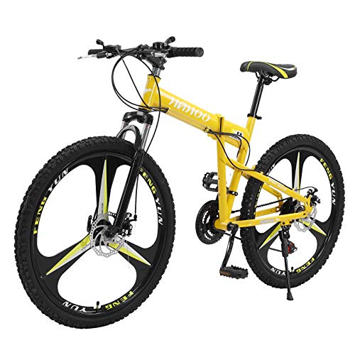 26In Folding 3-Spoke Mountain Bike - Foldable MTB Bikes, Front Suspension Mountain Bike, 21-Speed Derailleur, Disc Brakes, Load: 200lb, Semi-Assembled State, Yellow, Fits up to 5'-6.1' [US in Stock]