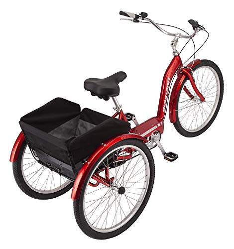 Schwinn Meridian Deluxe Adult Tricycle Bike, Three Wheel Cruiser, 26-Inch Wheels, Low Step-Through Aluminum Frame, Adjustable Handlebars, Large Cruiser Seat, Rear Folding Basket, 3-Speed, Red