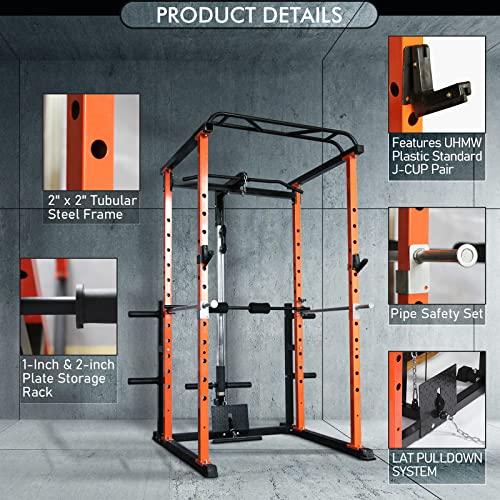 RitFit Garage & Home Gym Package Includes Optional 1000LBS Power Cage with LAT Pull Down,Weight Bench, Barbell Set with Olympic Barbell (Package 1.5K (Rubber Plate 230LBS))-Orange