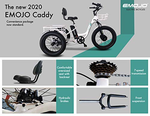 Emojo Caddy/Caddy Pro Fat Tire Electric Tricycle 500W 48V Electrc Trike with Lithium Rechargeable Battery, Oversize Rear Basket and Front Basket for Heavy-Duty Carrying or Delivery