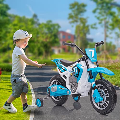 AOKOY 12V Battery Powered Motorcycle for Kids Electric Dirt Bike for Toddler Ride On Toys for Kids w/ 2 Speeds Training Wheels Music and Shock Absorber, Blue