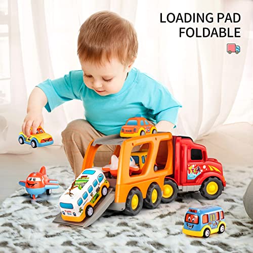 TEMI Toddler Carrier Truck Transport Vehicles Toys - 5 in 1 Toys for 3 4 5 6 7 Year Old Boys, Kids Toy Cars for Toddlers 1-3, Friction Power Set for Kids 3-9, Christmas for 3+