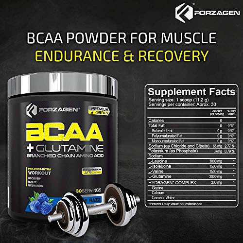 Forzagen BCAA Powder with Glutamine 30 Servings, Branched Chain Amino Acid Powder, Recovery Post Workout, Build, Hydration Available 4 Flavors (Blue Razz)