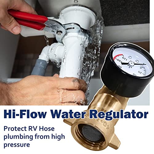 Cupohus Brass RV Water Pressure Regulator (40-50PSI) with Gauge and Filter Screen, 3/4” NH Monitor Water Hose Pressure,for RV Camper, Travel Trailer and More
