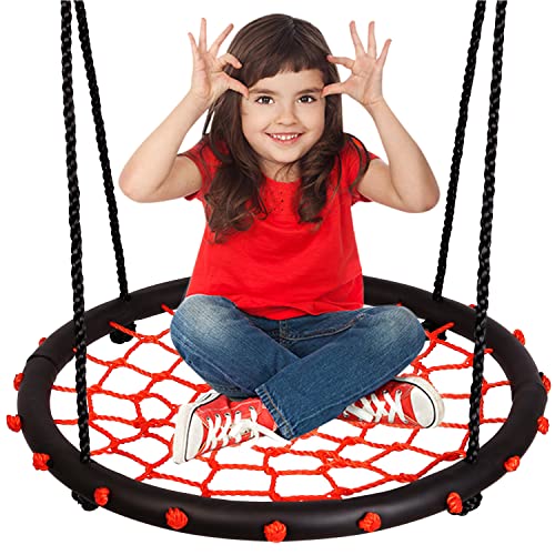 Odoland 24 inch Children Tree Swing, Outdoor Small Saucer Swing Platform Swing for Kid, Round Flying Swing wirh Adjustable Hanging Ropes for Backyard, 220lb Weight Capacity Great for 1-2 Kids (Orange)