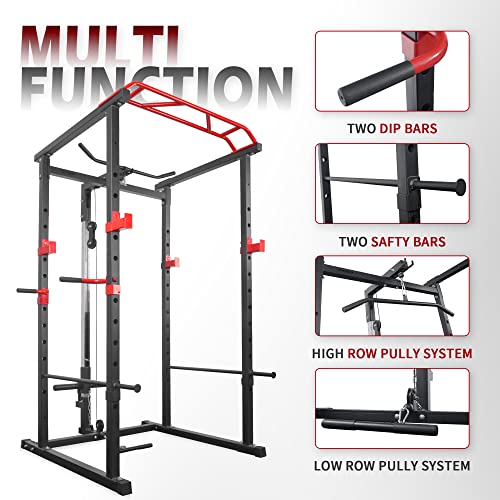 Power Cage 1000-Pound Capacity Exercise Stand Olympic Squat Cage Power Rack with LAT Pull-Down Attachment, Multi-Grip Pull-up Bar and Dip Handle for Men Women Strength Training Home Gym Equipment