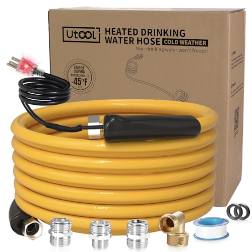 UTOOL 30 FT Heated Drinking Water Hose for RV, 5/8" Inner Diameter, Withstand Down to -45℉/-43°C, with Versatile 90 Degree Adapters BPA Free, Freeze Protection for Garden, Truck, Yellow