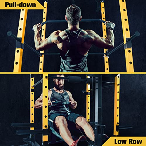 ToughFit Squat Rack Power Cage with LAT PullDown- 1000 lbs Weight Cage with LAT Pull-Down Pulley System for Body Training Garage & Home Gym Equipment (500lb bar and 100lb Plates)