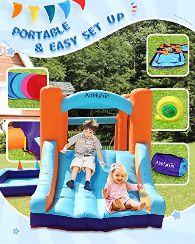 AirMyFun Bounce House with Blower, Kids Inflatable Bouncy House with Slide, Jump Bouncy Castle with Ball Pit Pool, Basketball Hoop, Football Playing, A82030