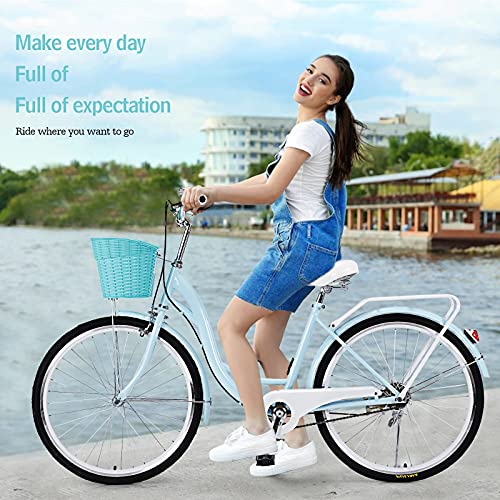 Beach Cruiser Bikes 26 inch Classic Retro Bicycles for Women Comfortable Commuter Bike for Leisure Picnics&Shopping,Road Bike,Women's Seaside Travel Bicycle with Baskets&Rear Racks (I)