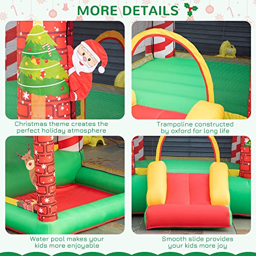 Outsunny 3-in-1 Kids Inflatable Bounce House Christmas Jumping Castle with Christmas Tree Pattern, Includes Trampoline, Pool, Slide, Carry Bag, Repair Patches and Air Blower