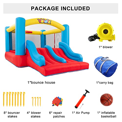 Valwix Indoor Outdoor Inflatable Bounce House with Blower for 3-10 yr Kids, Bouncy Castle w/ Double Slide, Large Bounce Area w/ Basketball Hoop, 300 LBS Capacity