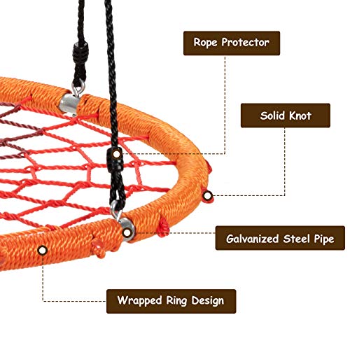 Costzon 40'' Spider Web Colorful Tree Swing Net Swing, 700 Lbs Kids Net Spider Web Round Swing with 40’’- 63’’ Hanging Ropes for Tree, Swing Set, Backyard, Playground, Indoor & Outdoor (Orange)