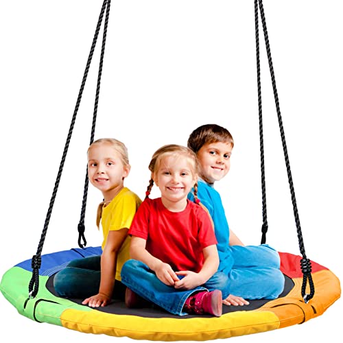 Odoland 40 inch Kids Saucer Tree Swing, Large Outdoor Chidren Round Rope Swing Installed on Tree and Backyard, Big Flying Saucer Platform Swing 660lb Weight Capacity Great for 3 Kids and 1 Adult
