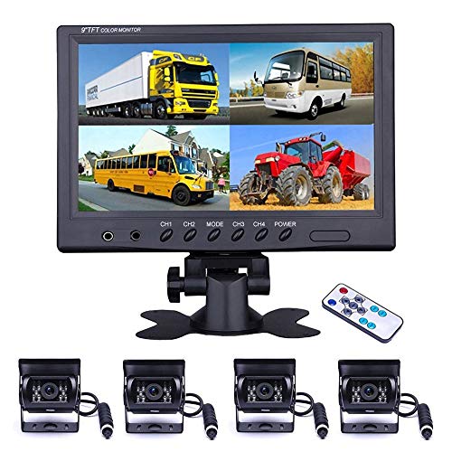 Vehicle Backup Camera Camecho 9 Inch 4 Split Monitor+ 4 Cameras with Front & Rear View Camera 18 IR Night Vision Waterproof Auto Camera with 2x33 ft and 2x65 ft Cables for RV, Trailer, Bus,Trucks
