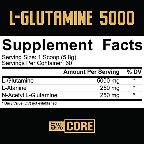 5% Nutrition Core L-Glutamine 5000 Supplement w/ L-Alanine | Amino Acid Muscle Builder Post Workout Recovery | Unflavored Powder (60 Servings)