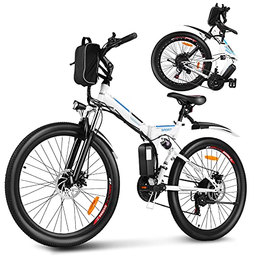 Aceshin 26'' Folding Electric Mountain Bike 250W Electric Bicycle with Removable Large Capacity Lithium-Ion Battery, Professional 21 Speed Gears (White)