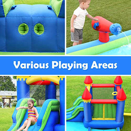 BOUNTECH Inflatable Water Slide, Jumping Bouncer Water Park with Climbing Wall, Ball Pit Pool, Water Cannon, Splash Pool, Ocean Balls, Water Slides for Kids Backyard w/Accessories (Without Blower)