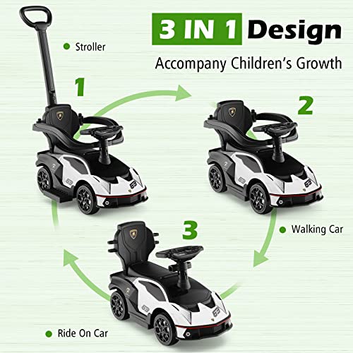 Costzon Push Cars for Toddlers 1-3, 3 in 1 Licensed Lamborghini Stroller Sliding Walking Car w/Handle, Armrest Guardrail, Underneath Storage, Horn, Foot-to-Floor Ride On Toy for Boys Girls (White)