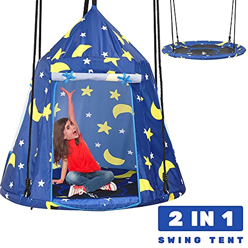 2 in 1 Hanging Tree Swing Tent, Flying Saucer Tree Swing for Boys/Girls, Tree Straps Included, Outdoor Indoor Bedroom Use for Children (Sky Night)