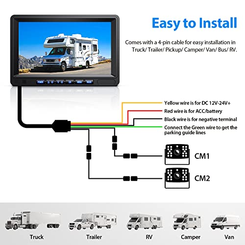 ZEROXCLUB HD Backup Camera System Kit, Loop Recording 7" Monitor with Wired Rear View Camera, IR Night Vision Waterproof Camera with Safe Parking Lines for Bus, Semi-Truck, Trailer, RV, Camper BY702A