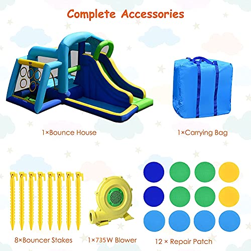 BOUNTECH Inflatable Bounce House, 5 in 1 Kids Jumping Bouncer w/ Jumping Area, Climbing, Ball Throwing Area, Slide Bouncer Jumping Castle Including Carry Bag, Stakes, Repair (with 735W Air Blower)