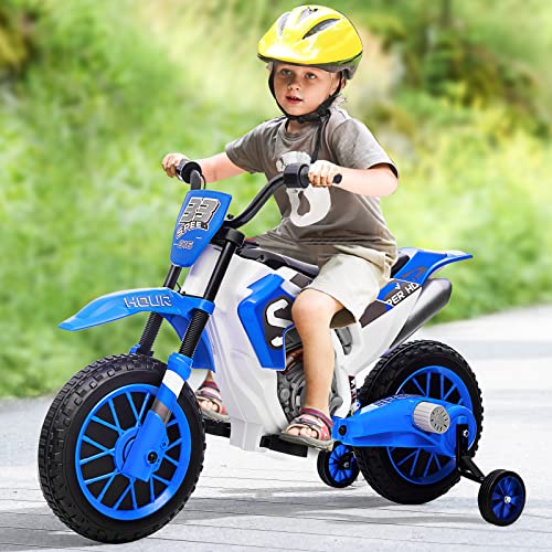 JOYLDIAS Kids Motorcycle, 12V7AH Ride On Motorcycle for Kids w/Training Wheels, Spring Suspension, High/Low Speeds, Blue