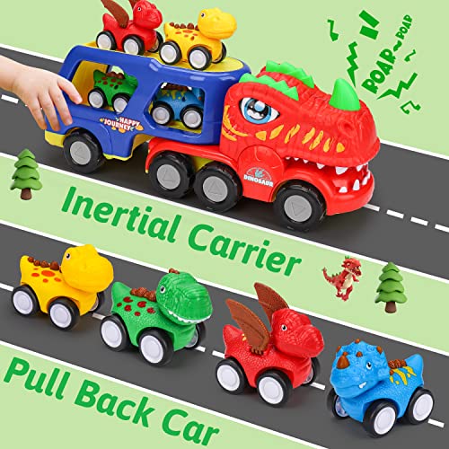 Toddler Car Toys for 1 2 3 4 Year Old Boy Birthday Gifts 5-in-1 Dinosaur Transport Carrier Trucks for Toddlers 1-3 with Dino Sounds & Lights Toddler Boy Toys Age 1-2 2-3 Dinosaur Toys for Kids 2-4