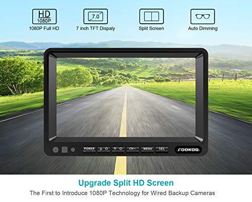 Fookoo Ⅱ 7" 1080P Wired Backup Camera System, 7-inch HD Dual Split Screen Monitor W/Recording IP69 Waterproof Front/Rear View Cameras Parking Lines for Truck/Trailer/RV (FHD2)