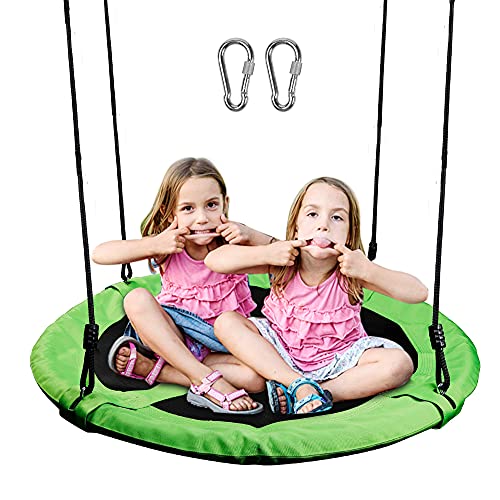Juegoal Saucer Tree Swing for Kids Adults, 40 Inch Large Rope Swing with Children Swing Platform Bonus Carabiner for Hanging Rope Outdoor, Resistant Waterproof Frame, Green