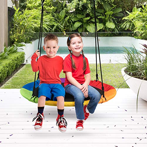 Costzon 40" Waterproof Saucer Tree Swing Set, Indoor Outdoor Round Swing Colorful Rainbow- Adjustable Hanging Ropes, Safe and Sturdy Swing for Children Tree Park Backyard (Multicolor)