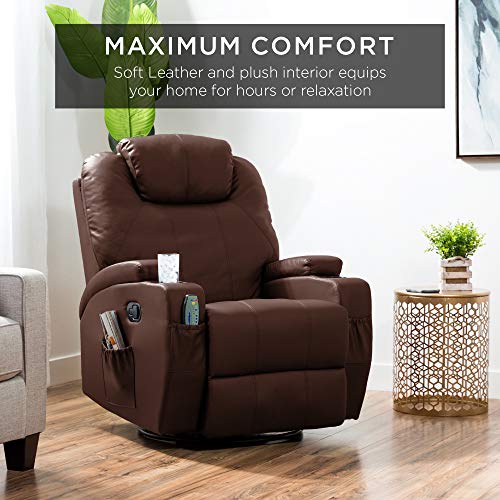 Best Choice Products Executive Faux Leather Swivel Electric Glider Massage Recliner Chair w/Remote Control, 5 Heat & Vibration Modes, 2 Cup Holders, 4 Pockets - Brown