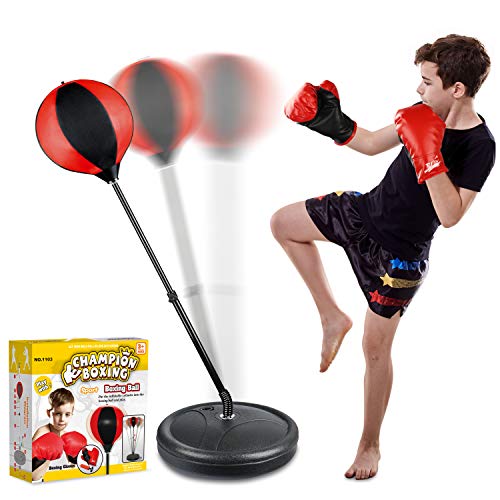 Punching Bag Set for Kids Incl Punching Ball with Stand, Boxing Training Gloves, Hand Pump and Adjustable Height Stand, Boxing Ball Set Toy Gifts for Age 6 7 8 9 10 11 12Year Old Boys Girls