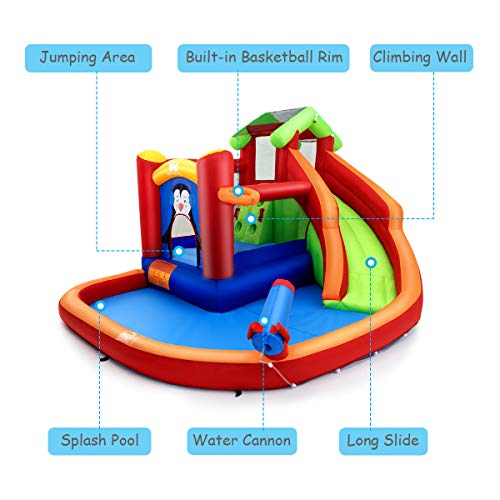 BOUNTECH Inflatable Water Slide, 6 in 1 Water Slides for Kids Backyard w/Splash Pool, Jumping, Climbing Wall, Water Cannon, Basketball Rim, Water Park for Outdoor w/Accessories (Without Blower)
