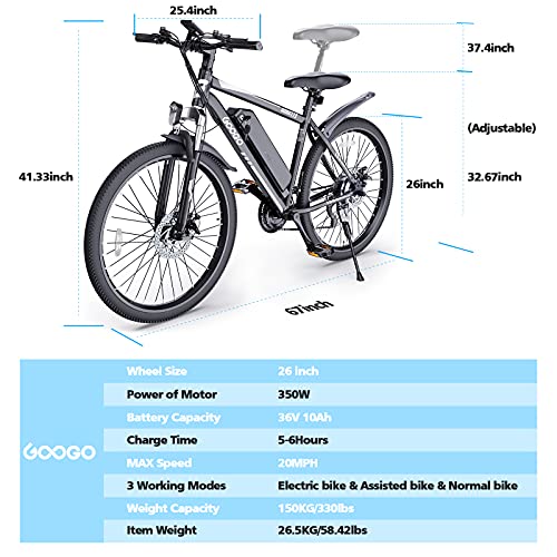 Electric Bike,Googo 26" Electric Mountain Bike with 350W Motor,Removable 36V Battery,Professional 21 Speed Gears,Middle 5 Speed LCD Display with USB,3 Working Modes,20MPH Electric Bike for Adults