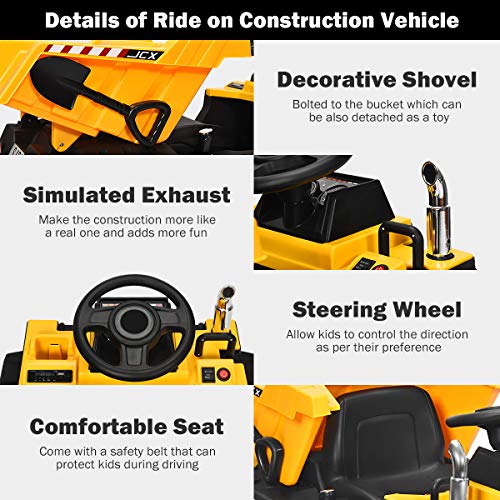 Costzon Ride on Car, 12V Dump Truck with Remote Control, Electric Dump Bed, Music, Horn, USB, AUX, Treaded Tires, Shovel, 3 Speeds, Battery Powered Construction Vehicle, Electric Car for Kids