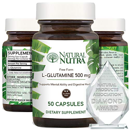 Natural Nutra L Glutamine 500 mg Capsules, BCAAs Amino Acids Supplement, Essential Muscle Builder, Recovery and Repair, Supports Memory, Focus, Brain and Gastrointestinal Health, 50 Capsules