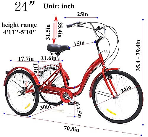 Mliyany 24 inch 7 Speed Adult Trikes 3 Wheel Bikes, Three-Wheeled Bicycles Cruise Tricycle with Shopping Basket for Seniors, Women, Men, Red