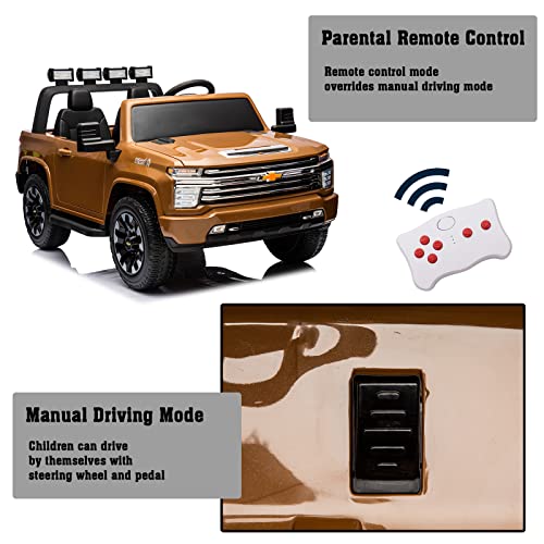 Nitoess 24V 2 Seater Silverado HD Pickup Truck Ride On Toys with Remote Control,Kids Electric Power Vehicles Wheels Ride on Car for Boys, EVA Tires, Brown