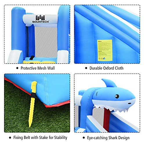BOUNTECH Inflatable Water Slide, Shark Themed Water Slides for Kids Backyard w/Long Slide, Climbing Wall, Splashing Pool, Water Cannon, Indoor Outdoor Water Park w/Accessories (Without Blower)