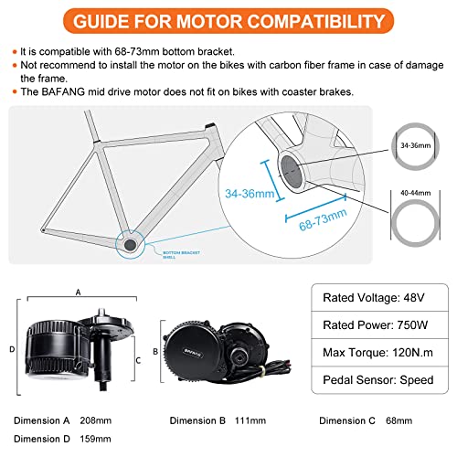 BAFANG BBS02 48V 750W Mid Drive Kit with 52V 17.5Ah Rear Battery, 8Fun Bicycle Motor Kit with 500C LCD Display & 44T Chainring, Electric Brushless Bike Motor Motor para Bicicleta for 68-73mm BB