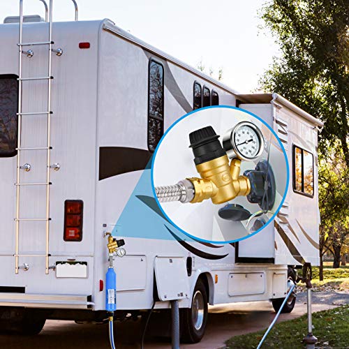 Kohree RV Water Pressure Regulator for RV Camper, Adjustable Handle Brass Lead-Free Reducer Valve RV Water Pressure Regulator with Gauge and 2 Inlet Screened Filters for RV Camper Travel Trailer