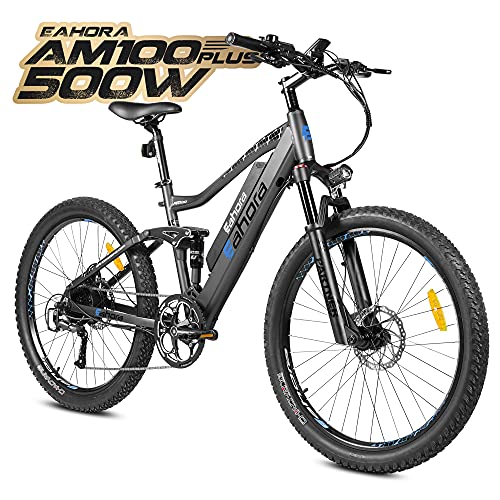 eAhora 500W Electric Bike 27.5'' AM100 Mountain Electric Bikes for Adults 48V 14AH Ebike Battery, Hydraulic Brakes, Full Air Suspension, Smart LCD Display, 9 Speed Gears