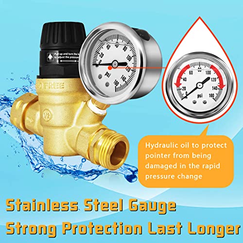 Boltigen RV Water Pressure Regulator with Gauge, 3/4'' GHT Lead-Free Brass Fresh Water Hose Pressure Reducer Valve, Adjustable Water Pressure Regulator for RV Camper