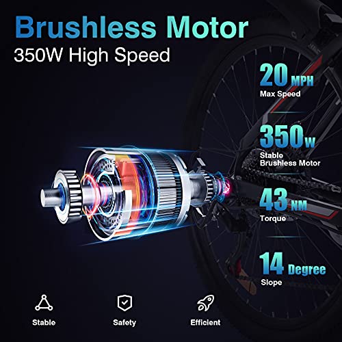 Electric Bike, 26''Electric Mountain Bike for Adults & Teens, 350W/10.4Ah Ebike Electric Bicycle, 20 MPH Adults Ebike with Removable Battery, Electric Bike with Disc Brake/Shimano 21-Speed Gears