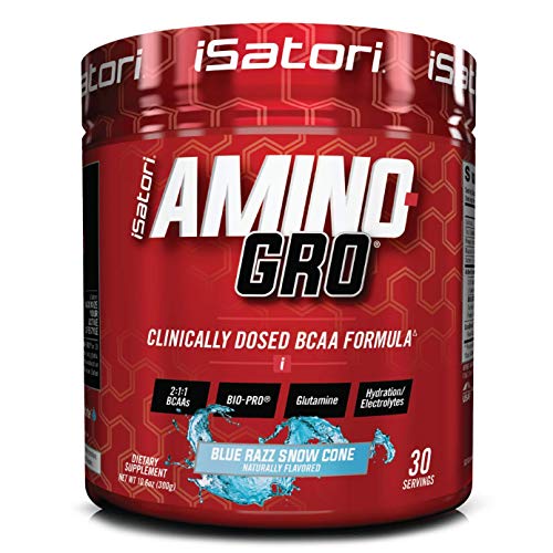 iSatori Amino-GRO BCAA Powder - Branched Chain Amino Acid Formula with Glutamine and Bio-GRO Bio-Active Peptides - Essential Amino Energy for Women and Men - Blue Razz Snow Cone (30 Servings)