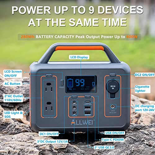 ALLWEI Solar Generator 300W with 100W Solar Panel, 280Wh Portable Power Station with 110V AC Outlet USB-C Port, Solar Powered Generator Backup Lithium Battery for Outdoor Camping CPAP Home Emergency
