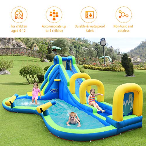 BOUNTECH Inflatable Water Slide, 5 in 1 Water Slides for Kids Backyard w/Climbing Wall, Splashing Water Pool, Water Cannon, Basketball Scoop, Indoor Outdoor Water Park w/Accessories (Without Blower)