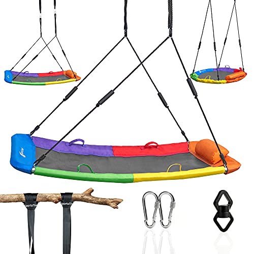 Tree Swing Saucer Swing for Kids Outdoor – Rectangle (60’’ x 32’’) for Tree – Hanging Swing with Steel Frame, Frictionless Swivel, Carabiners, Nylon Ropes, Handles & Thick Padding by SportsTrail